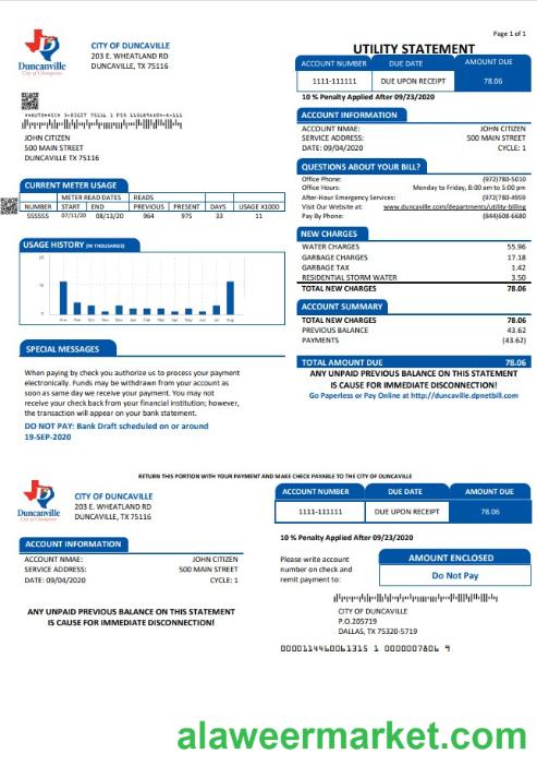 USA Texas City of Duncanville water, sewer, garbage utility bill template in Word and PDF format